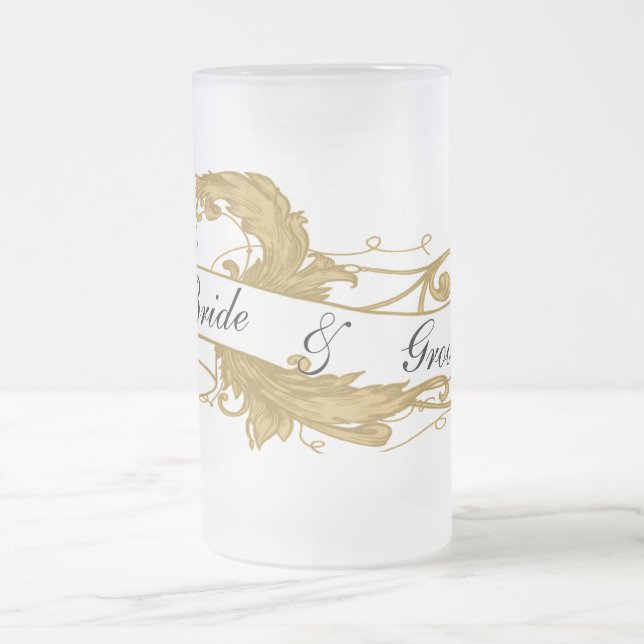 Gold Leaf and Banner Wedding Frosted Glass Beer Mug (Center)