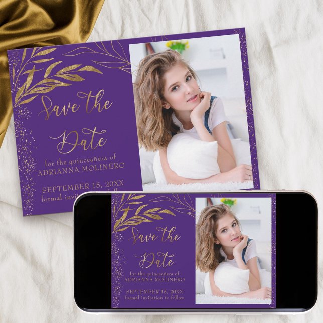 Gold Leaf and Calligraphy Purple Photo Save The Date (Quinceanera save the date with photo in purple, from my Gold Leaf Collection
)