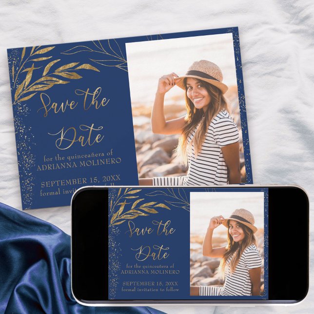 Gold Leaf and Calligraphy Royal Blue Photo Save The Date (Quinceanera Save the Date with photo in blue, from my Gold Leaf Collection)
