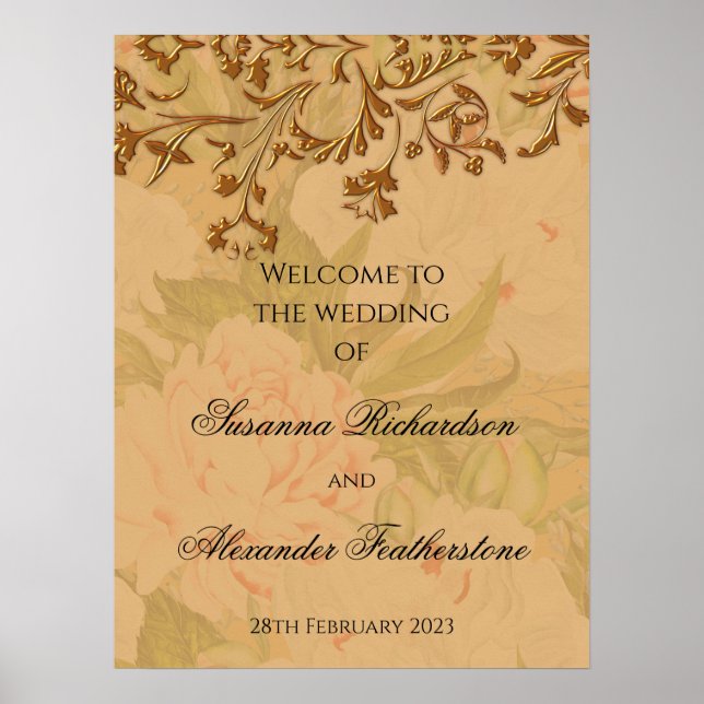 Gold Leaf and Faded Peony Wedding Welcome Poster (Front)