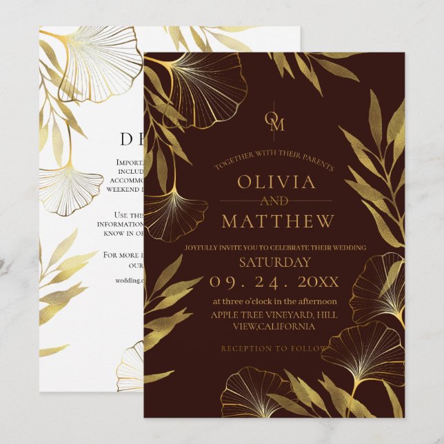 Gold Leaf / Brown Wedding Invitation (Front/Back)