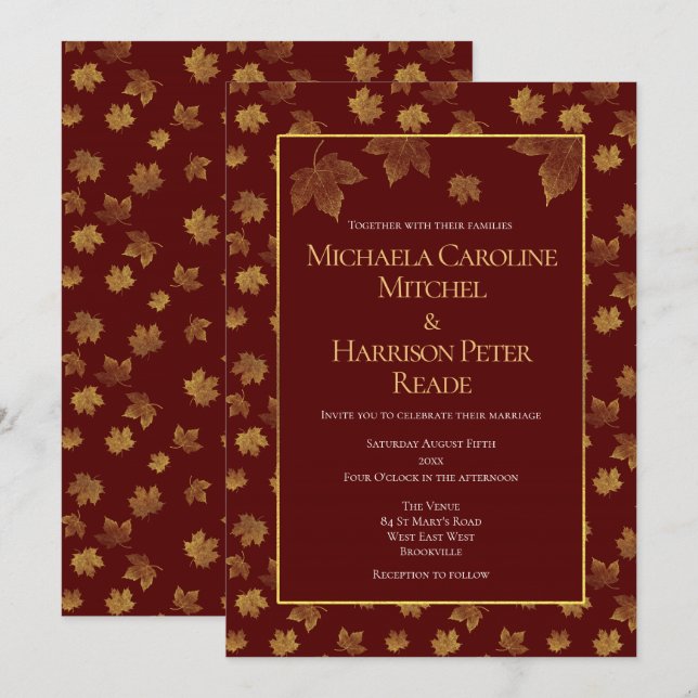 Gold Leaf Burgundy Marsala Wedding Invitation (Front/Back)