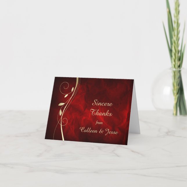 Gold Leaf Deep Red Wedding Thank You Card (Front)
