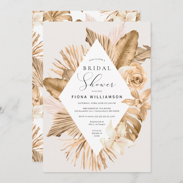 Gold Leaf Dried Pampas Grass Bridal Shower Invitation (Front/Back)