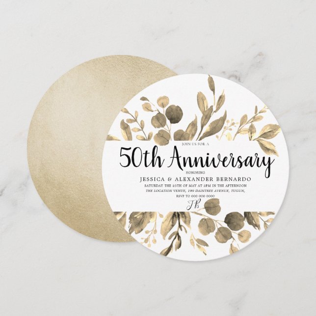 Gold Leaf Elegant Modern 50th Wedding Anniversary Invitation (Front/Back)
