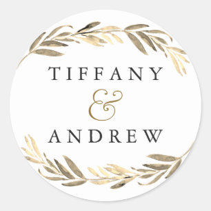Gold leaf Elegant Modern Couples Name Wedding Classic Round Sticker