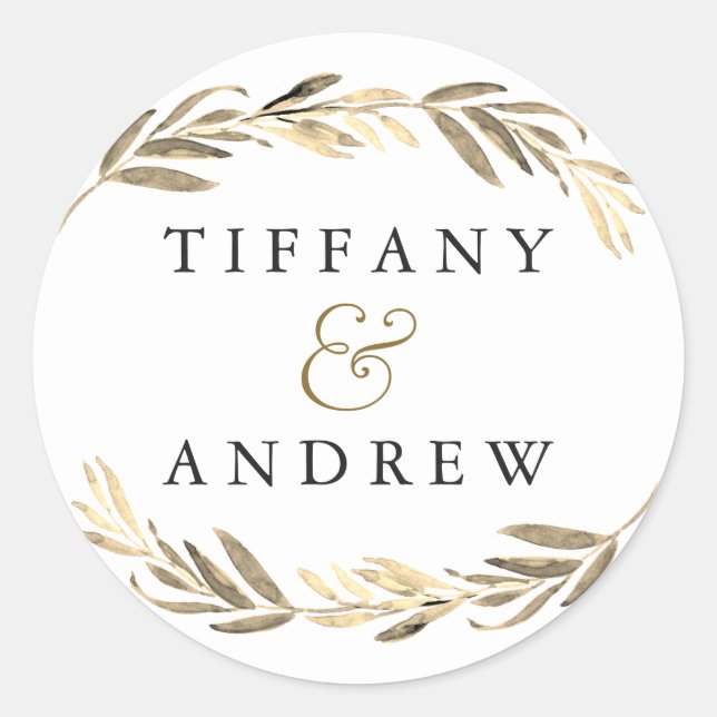Gold leaf Elegant Modern Couples Name Wedding Classic Round Sticker (Front)