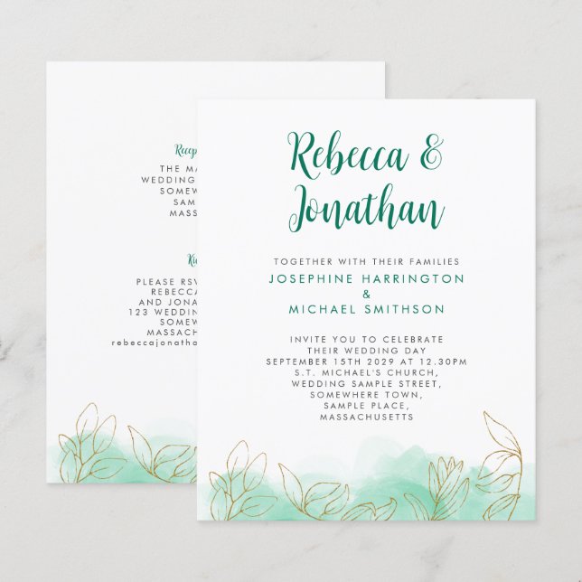 Gold Leaf Emerald Budget Wedding Invitation (Front/Back)