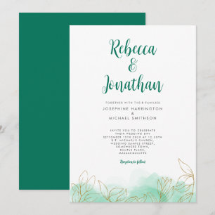 Gold Leaf Emerald Watercolor Wedding Invitation