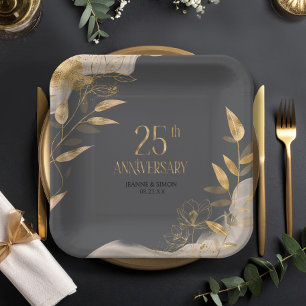 Gold Leaf Floral 25th Anniversary ID1169 Paper Plate
