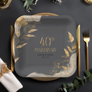 Gold Leaf Floral 40th Anniversary ID1169 Paper Plate
