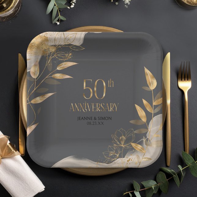 Gold Leaf Floral 50th Anniversary ID1169 Paper Plate (Creator Uploaded)