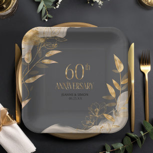 Gold Leaf Floral 60th Anniversary ID1169 Paper Plate