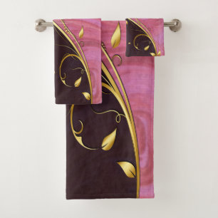 Gold Leaf Flourish on Burgundy and Pink Swirl Bath Towel Set