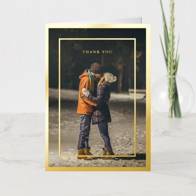 Gold Leaf Framed Wedding Formal Photo Thank You Foil Greeting Card (Front)