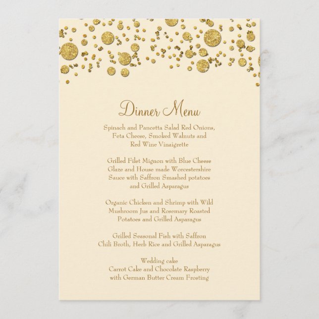 Gold Leaf Glitter Confetti Dot Elegant Dinner Menu (Front)