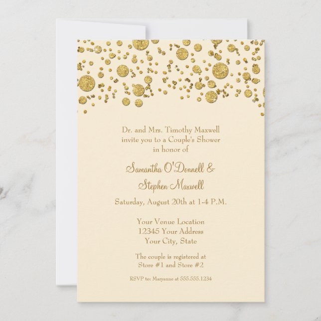 Gold Leaf Glitter Confetti Dots Couples Shower Invitation (Front)