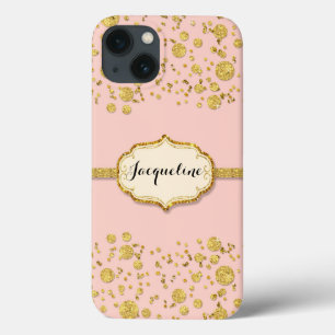 Gold Leaf Glitter Confetti Polka Dots Sparkle Pink iPhone 13 Case