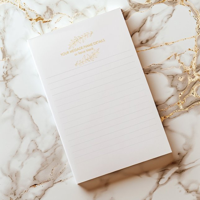 Gold leaf, gold plant lined notepad (Minimalist lined notepad with gold botanical header and space for a custom message.)