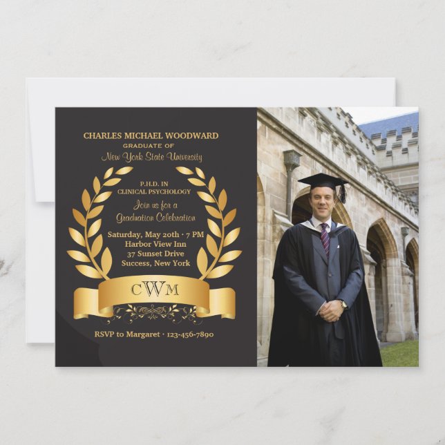 Gold Leaf Graduation Photo Invitation (Front)
