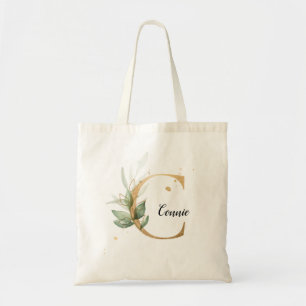 Gold Leaf Greenery Elegant Foliage Monogram "C" Tote Bag