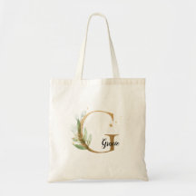 Gold Leaf Greenery Elegant Foliage Monogram G Tote