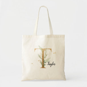 Gold Leaf Greenery Elegant Foliage Monogram "T" Tote Bag