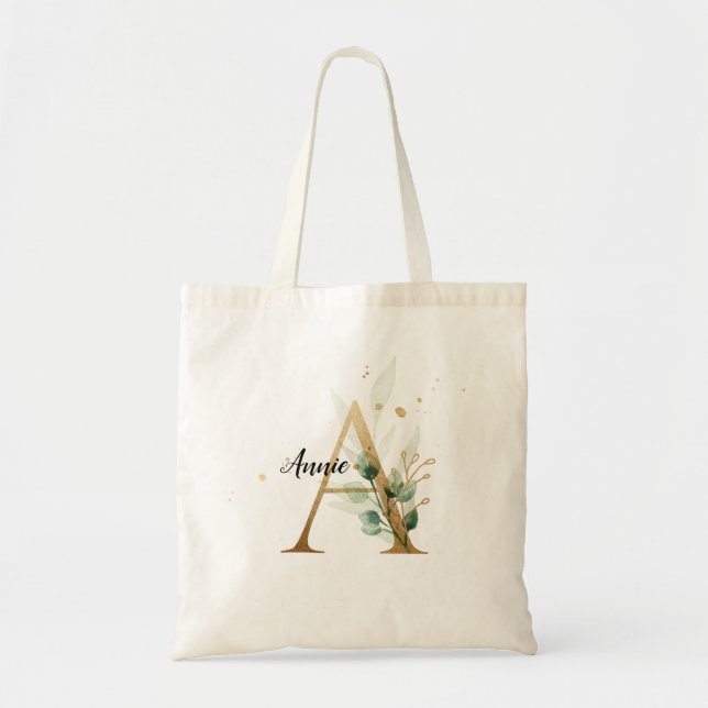Gold Leaf Greenery Elegant Foliage Personalise "A" Tote Bag (Front)
