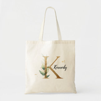 Gold Leaf Greenery Elegant Foliage Personalise "K" Tote Bag