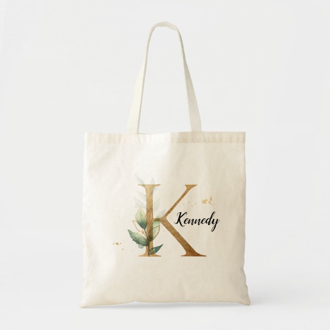 Gold Leaf Greenery Elegant Foliage Personalise "K" Tote Bag (Front)
