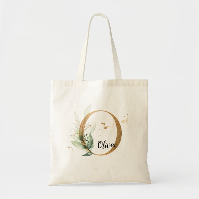 Gold Leaf Greenery Elegant Foliage Personalise "O" Tote Bag (Front)