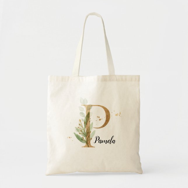 Gold Leaf Greenery Elegant Foliage Personalise "P" Tote Bag (Front)