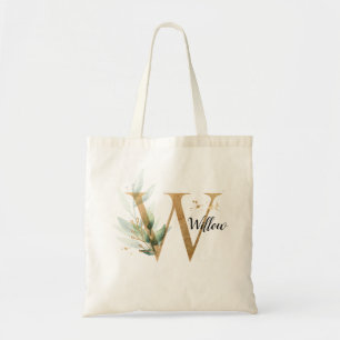 Gold Leaf Greenery Elegant Foliage Personalise "W" Tote Bag