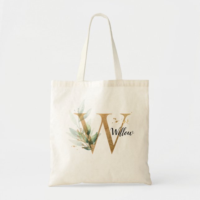 Gold Leaf Greenery Elegant Foliage Personalise "W" Tote Bag (Front)