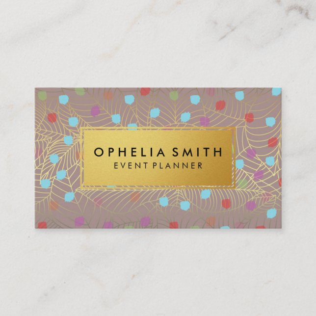 Gold Leaf Line art | Colourful Brush Specks Business Card (Front)