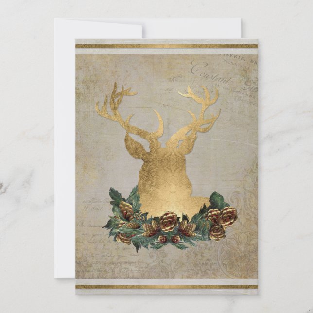 Gold Leaf Look Deer Head Antlers Christmas Party Invitation (Front)