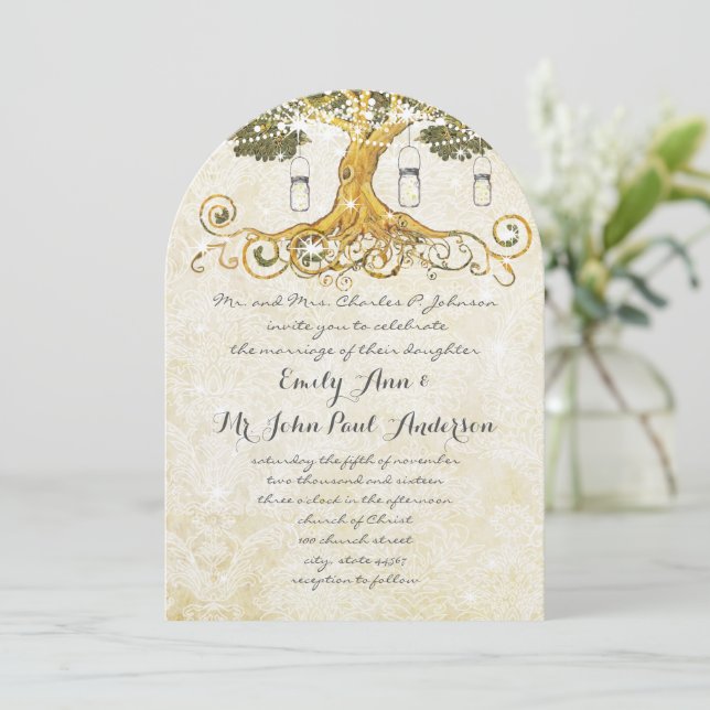 Gold Leaf Mason Jar Under the Stars Wedding Invitation (Standing Front)