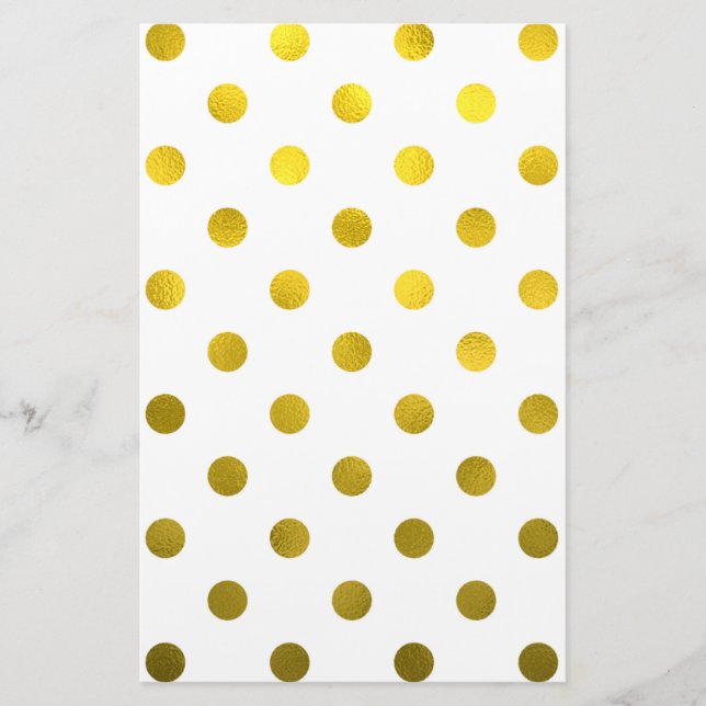 Gold Leaf Metallic Faux Foil Large Polka Dot White Stationery (Front)