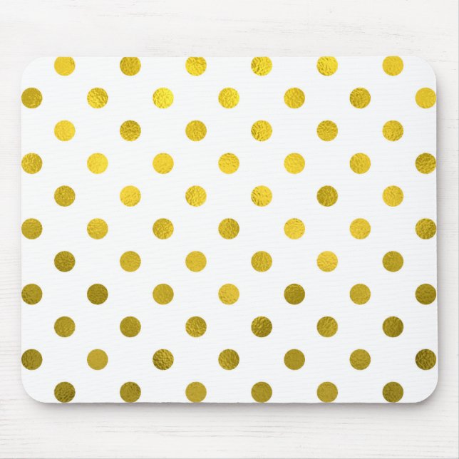 Gold Leaf Metallic Polka Dot on White Dots Pattern Mouse Mat (Front)