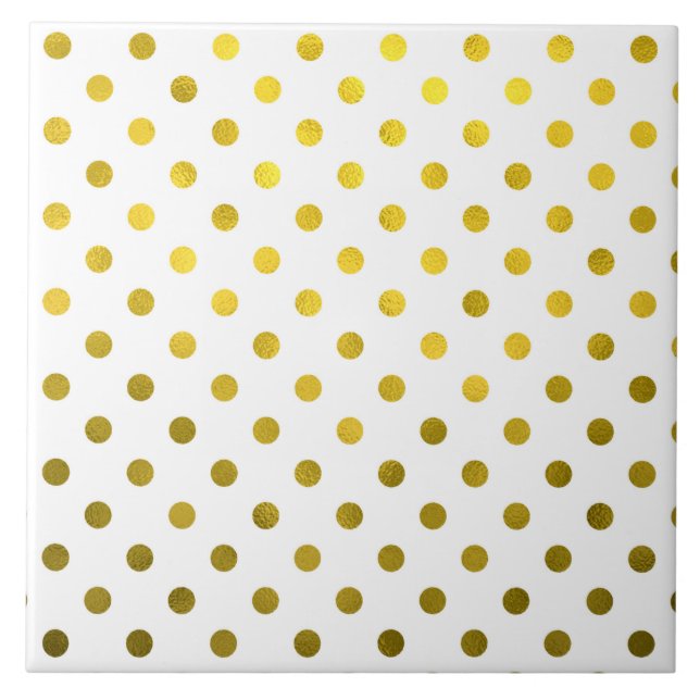 Gold Leaf Metallic Polka Dot on White Dots Pattern Tile (Front)