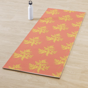 Gold Leaf on Coral Botanical Pattern Yoga Mat