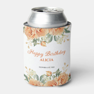 Gold Leaf Orange Peony Rustic Floral Birthday  Can Cooler