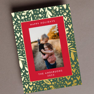 Gold Leaf Pressed Green Red Floral Frame Photo Foil Holiday Card