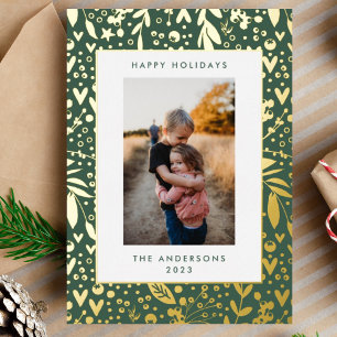 Gold Leaf Pressed Green White Floral Frame   Photo Foil Holiday Card