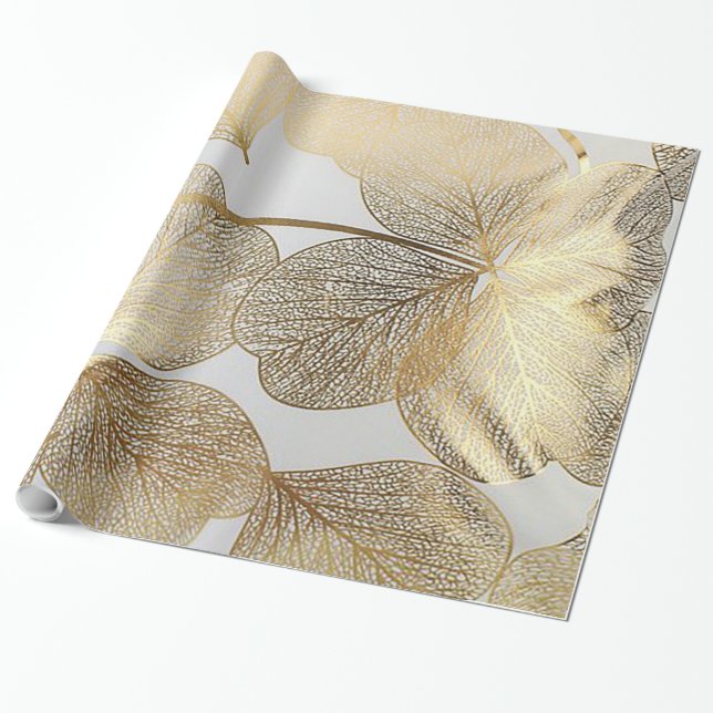 Gold Leaf Print Holiday Wrapping Paper (Unrolled)