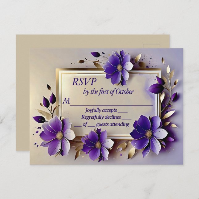 Gold leaf purple flowers RSVP  Postcard (Front/Back)