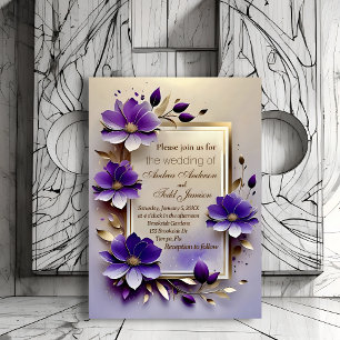 Gold leaf purple flowers wedding invitation