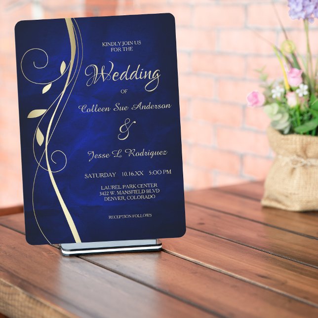 Gold Leaf Swirl Deep Blue Wedding Invitation (Creator Uploaded)