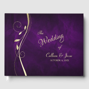 Gold Leaf Swirl Deep Purple Wedding Guest Book