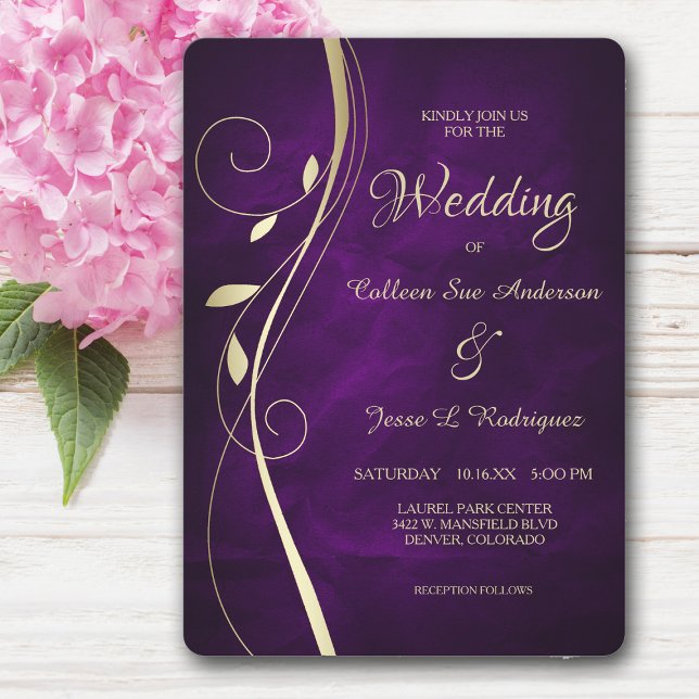Gold Leaf Swirl Deep Purple Wedding Invitation (Creator Uploaded)